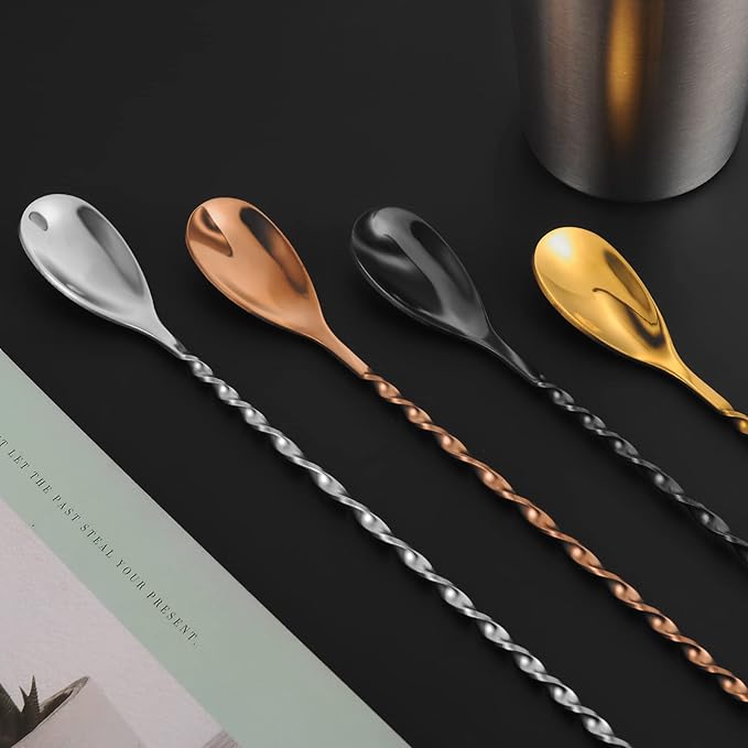 AnSaw Rose Gold 12-Inch Stainless Steel Cocktail Spoon with Leaf Handle - Perfect for Mixing & Layering Drinks in Tall Cups, Bar & Shakers - Durable Long Handle Bar Stirrer,2-Pieces