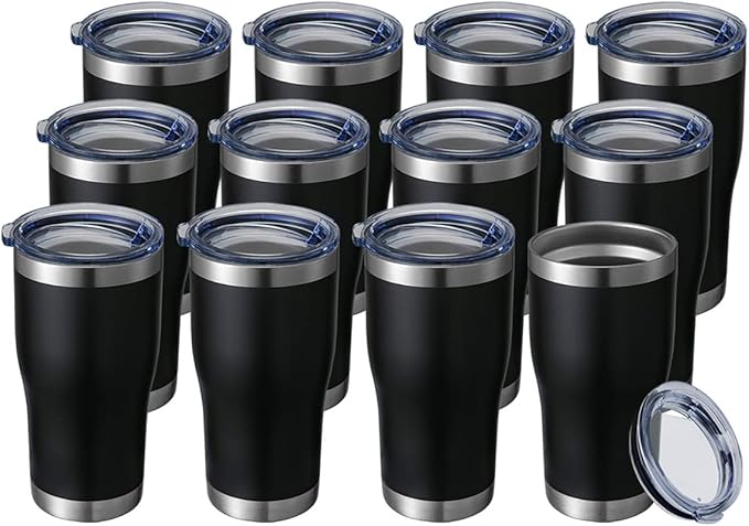 HASLE OUTFITTERS 20 oz Tumbler Bulk, Stainless Steel Tumblers with Lid, Vacuum Insulated Tumbler, Double Wall Tumbler Cup, coffee mugs, Black, 12 Pack