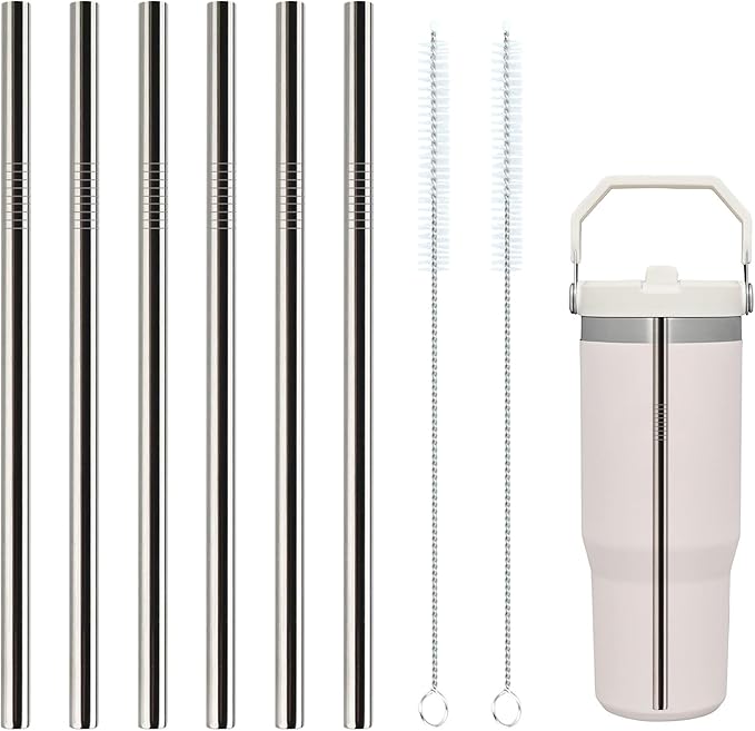 Metal Straws Reusable for Stanley Iceflow Flip 30oz Tumbler,6 Pack Replacement Stainless Steel Straws with 2PCS Straw Cleaner Brush for Stanley Accessories (Stainless Steel, for Stanley Iceflow 30oz)