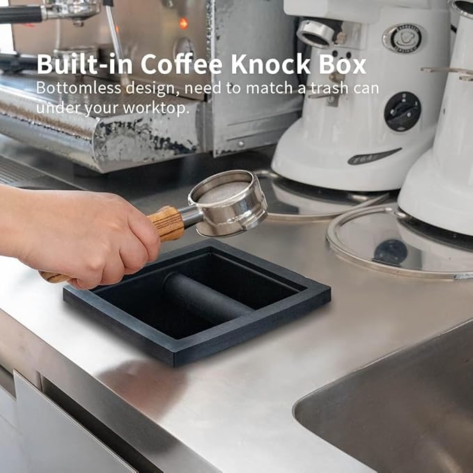watchget Espresso Knock Box - Built-in Stainless Steel and Silicone Coffee Knock Box Chute, Detachable Rubber Rod, Square Bottomless Waste Bin for Coffee Grounds