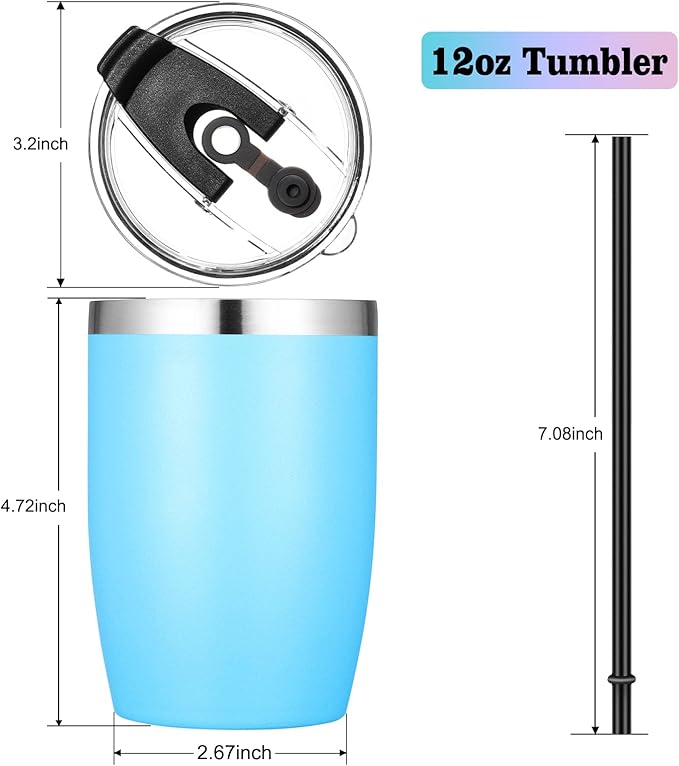 VEGOND Stainless Steel 12 oz Tumblers bulk Vacuum Insulated Double Wall Travel Tumbler with Lid and Straw Reusable Tumbler,Sky Blue 12 pack