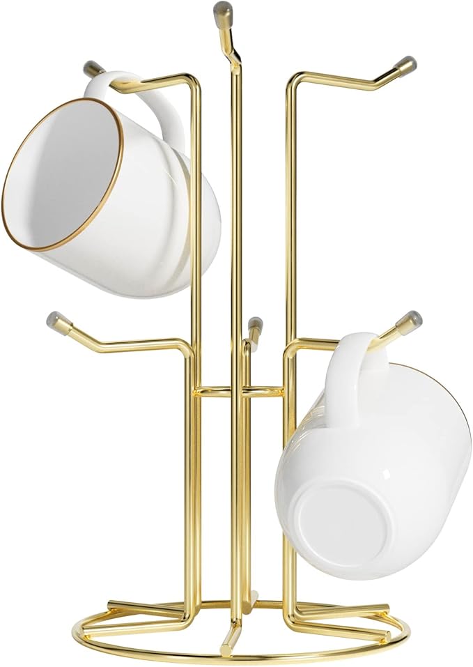 HULISEN Mug Holder for Large Cups, Mug Tree for Counter with 6 Hooks, Metal Coffee Mug Stand for Easy Pick, Place and Display, Coffee Bar Accessories and Decor, Free Standing Mug Rack, Gold