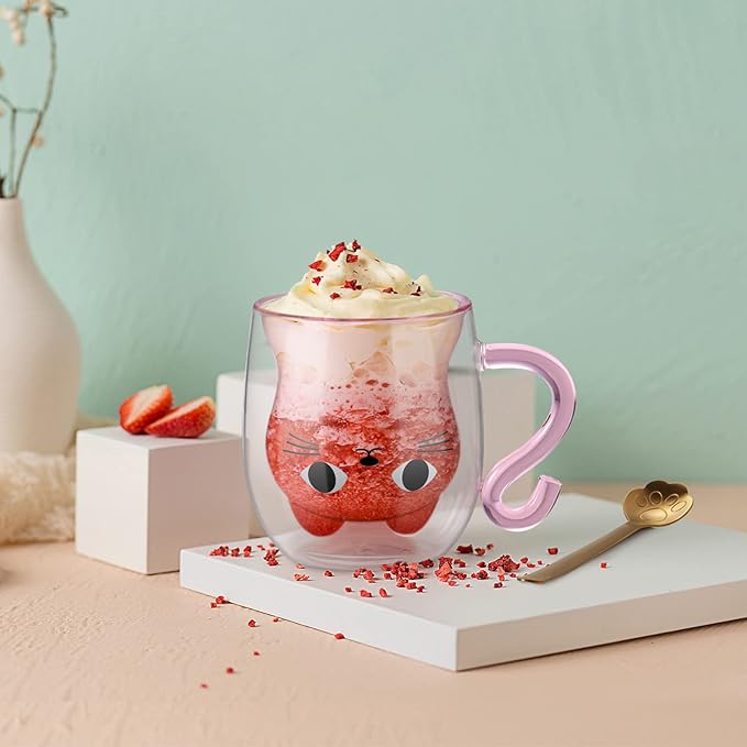ecooe Cute Cat Mug Double Walled Glass Mug 290ml Coffee Cup Cappuccino Latte Glass Cup with Handle and Spoon, Clear Glass Coffe Mug Tea Cup Cat Birthday Christmas Gifts for Women Kids Girls Friends