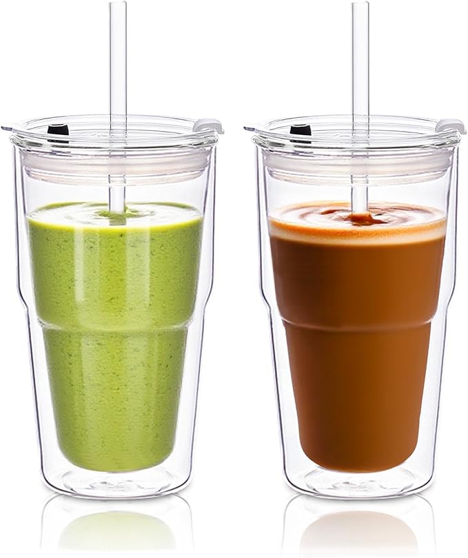 KEMORELA 2 Pack Double Wall Borosilicate Glass Tumblers with Lids and Straws, 16oz Insulated Iced Coffee Cups, Reusable Smoothie and Boba Drinking Glasses, Dishwasher Safe