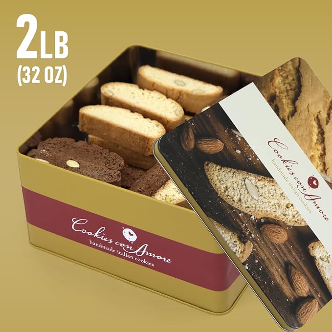 Italian Biscotti Cookie Gift Box, 30+ Pieces Individually Wrapped Gourmet Biscotti - 2Lb Square Tin with Authentic Italian Cookies for Holliday Gifting, Coffee Pairing, and Christmas Celebrations