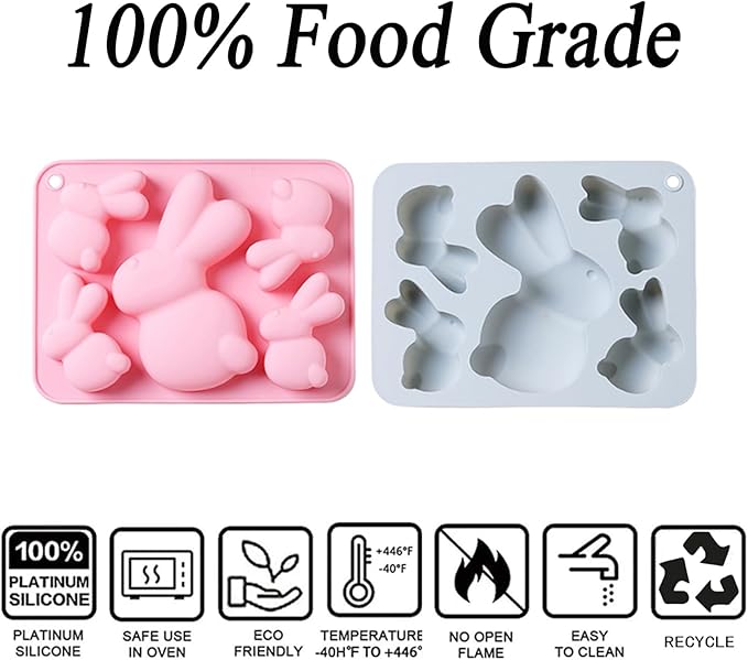 2 Pack Bunny Silicone Molds, 5-Cavity Easter Bunny Chocolate Tray Molds, Bunny Baking Molds for Jellies, Candies, Ice Cubes, Wax Melts, Soaps, Cake Decoration