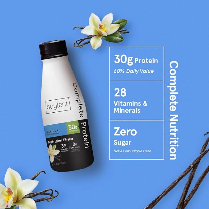Soylent Vanilla High Protein Shake, 30g Complete Protein, Vegan, Dairy Free and 0g Sugar, Ready to Drink Protein Drinks, 11 Oz, 36 Pack