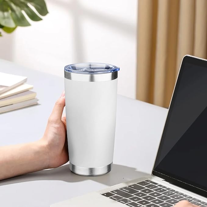 20oz Tumbler with Lid Double Wall Vacuum Insulated Travel Coffee Mug Stainless Steel Thermal Cup Powder Coated Sturdy Coffee Tumbler Bulk for Hot and Cold Beverage (White,6)