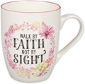 Christian Art Gifts Inspirational Scripture Ceramic Coffee & Tea Mug for Women: Walk by Faith Encouraging Bible Verse Cup, Microwave & Dishwasher Safe, Lead-free, White & Pink Floral Wreath, 12 oz.