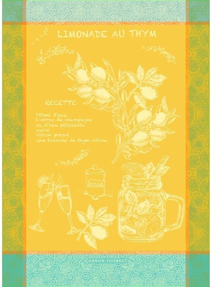 Garnier Thiebaut Limonade Au Thym Soleil (Sunny Lemonade with Thyme) French Kitchen Towel 22"x30", Cotton, Jacquard