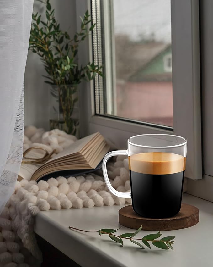 LUXU Glass Coffee Mugs(Set of 4)-17 oz,Clear Beer Mugs,Glass Tea Cups with Comfortable Handle,Lead-free Drinking Glasses,Perfect for Latte,Espresso,Juice,Water,Milk or Hot and Cold Beverage