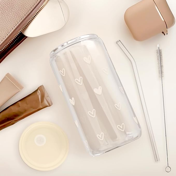 Heart 16oz Can Glass Tumbler with Acrylic Lid & Straw, Iced Coffee Cup for Women, Aesthetic Cups Gifts for Birthday Christmas Valentine