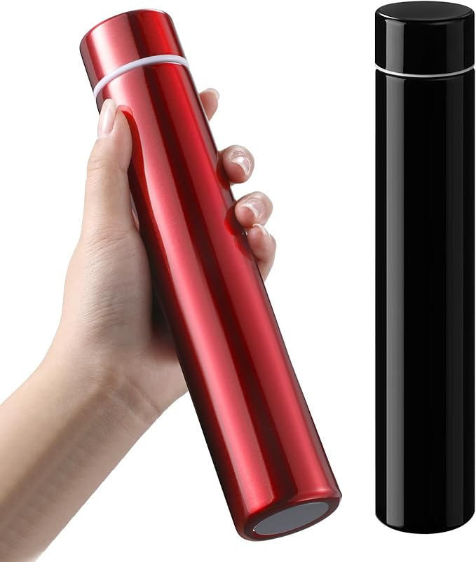 Vesici Slim Water Bottle 8.8 oz Small Stainless Steel Purse Compact Insulated Water Bottles Camping Travel Backpack Pocket Flask for Car Cold Coffee Tea(Black, Red,2 Pack)