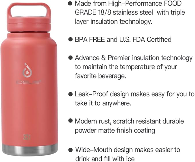 IDEUS Insulated Stainless Steel Water Bottle with 2 Leak-Proof Lids, Thermal Water Flask for Hiking Biking, 32oz, Red