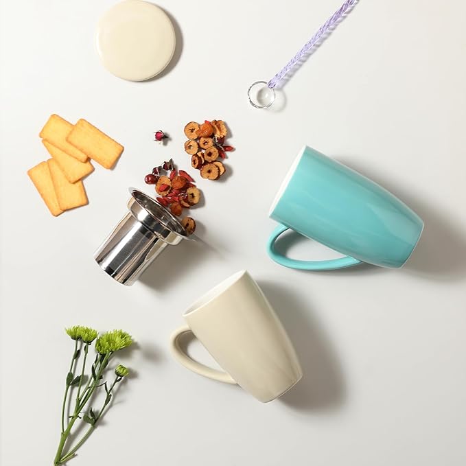 Sweejar Porcelain Tea Infuser Mug with Lid, 20 oz Teacup with Strainers for Loose Leaf Tea, Microwave and Dishwasher Safe Coffee Mug(Jade)