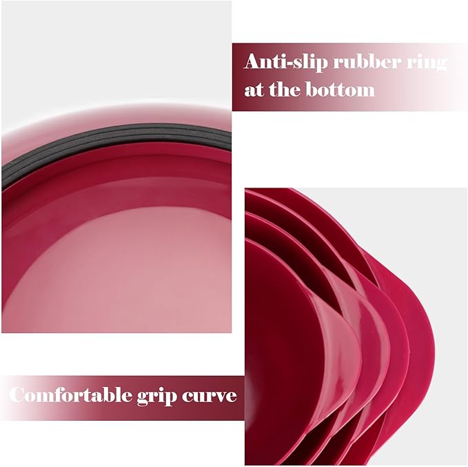 BoxedHome Nesting Plastic Mixing Bowl Set, 4 Piece Mixing Bowl Set with Pour Spouts, Size 1.7, 2.5, 3.5 and 4.5qt, for Prepping, Mixing, Baking, Cooking, Deep Carmine