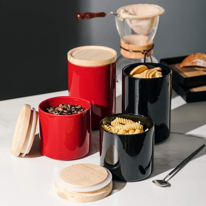 Sweejar Kitchen Canisters Ceramic Food Storage Jar, Stackable Containers with Airtight Seal Wooden Lid for Serving Ground Coffee, Tea, Sugar, Salt and More - 16 Fl Oz (Red)