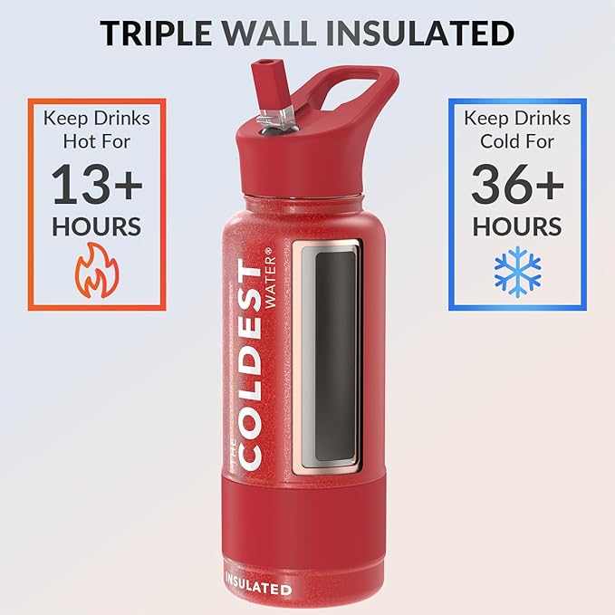 Coldest Insulated Water Bottle with Straw Lid - Stainless Steel Metal Insulated Bottle for Men & Women (Mars Red Glitter, 32 oz)