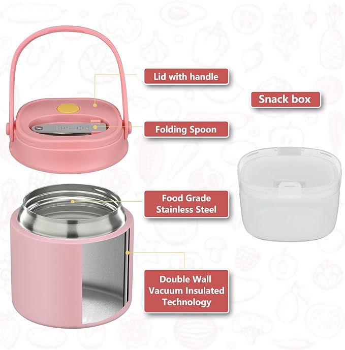 2 - in - 1 Soup Thermo for Hot Food 14oz with Snack Box Container Leak Proof Insulated Lunch Container Kids and Adults Stainless Steel Double Wall Vacuum Wide-mouth Thermal with Spoon and Handle