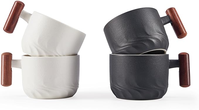 6oz Ceramic Espresso Cups with Wooden Handle, Small Coffee Cups for Latte Cappuccino, Tea Cups Set of 4