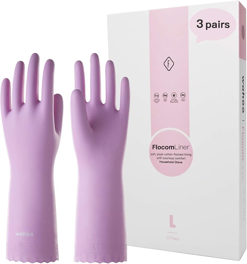 LANON 3 Pairs wahoo Skin-Friendly Cleaning Gloves, Dishwashing Kitchen Gloves with Cotton Flocked Liner, Reusable, Non-Slip, Mauve Mist, Small