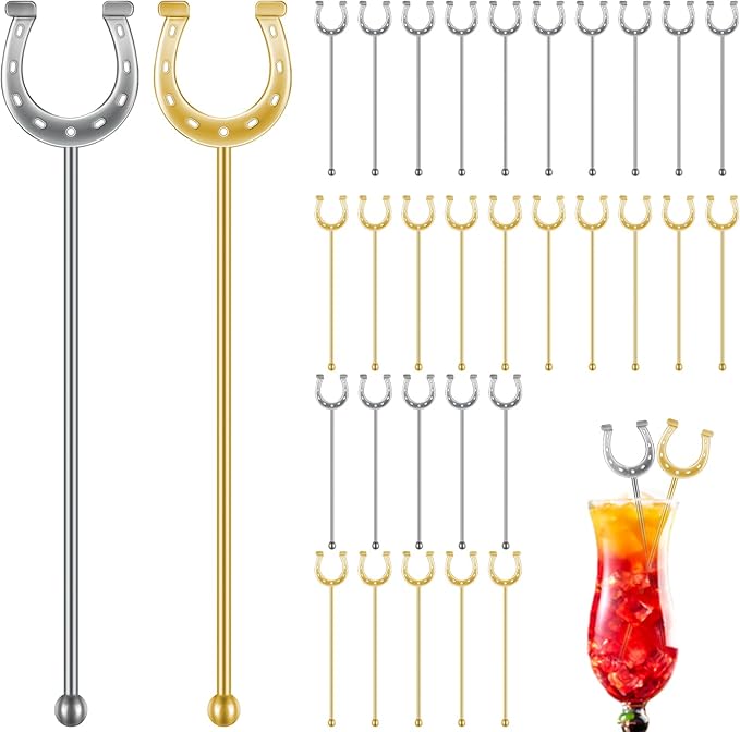 6 Inch Derby Drink Plastic Stirrers Swizzle Sticks for Cocktails Coffee Reusable U Shaped Horseshoe Drink Stirrers for Coffee Beverage Party Bar Weddings Events(Gold,silver,60 Pcs)