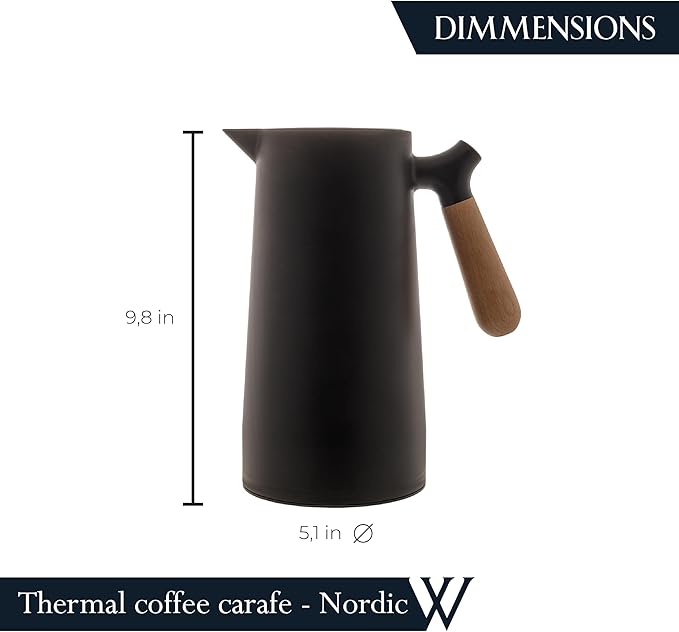 WOLFF - Thermal Coffee Carafe - 34oz / 1L Insulated Plastic Exterior Carafe for Hot or Cold Drinks - Leakproof Coffee and Tea Dispenser with Wood-like Handle and Glass Liner - Black, 34floz/1L