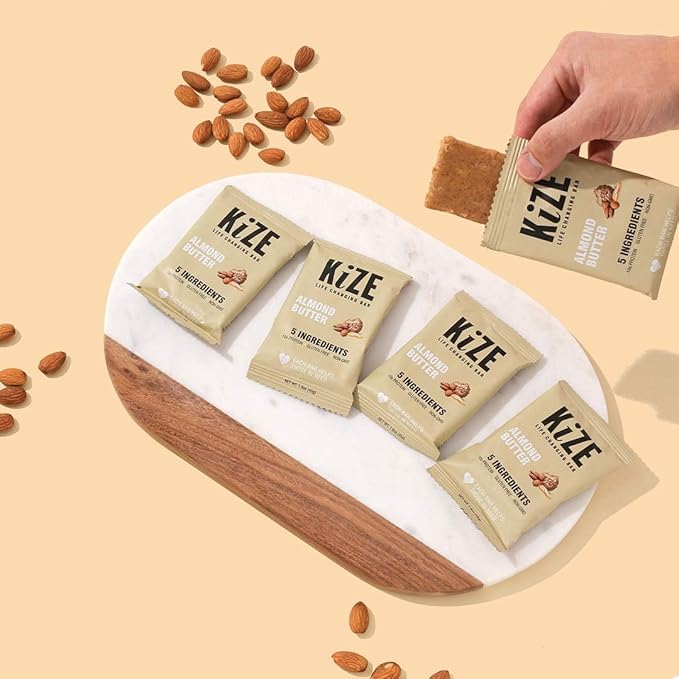 KiZE Energy Bars - Almond Butter - 20 Count - Almond-Butter-Based, Gluten Free, Non-GMO, and High Protein Meal Replacement Energy Bars, Clean and Simple Food Ingredients - 10g High Protein Snacks (20 Count)