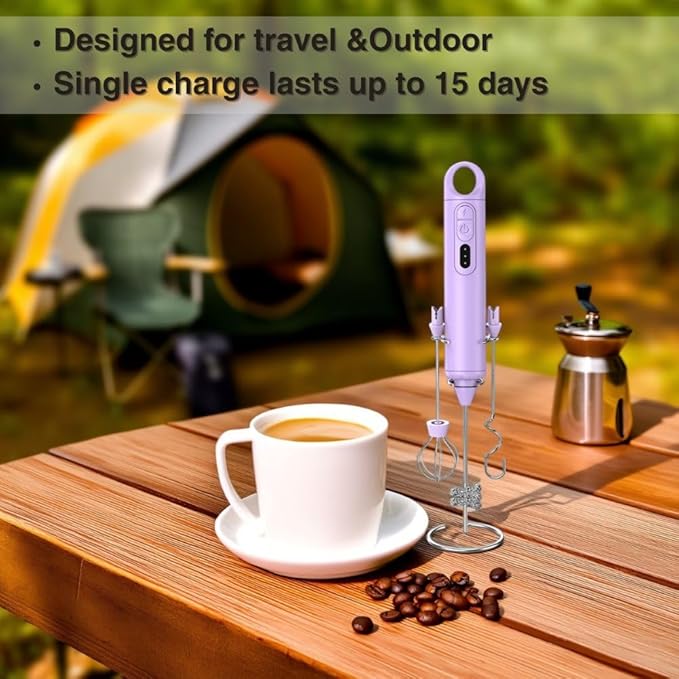 Rechargeable Milk Frother Handheld 3 Speed Coffee Foamer [3 Whisk] Electric Drink Mixer for Latte, Cappuccino, Coffee, Eggs, Hot Chocolate, Purple
