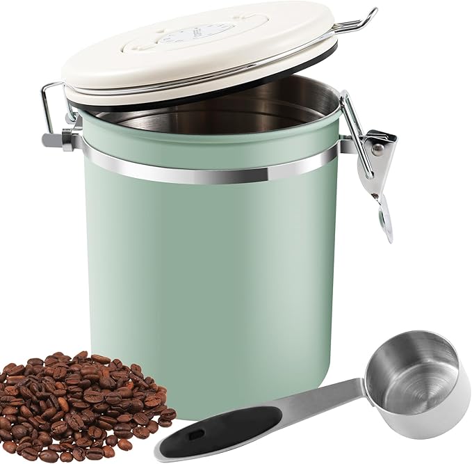 2Pcs Coffee Storage Canister 1.5L Double Airtight Coffee Beans Container with Date Locator 304 Stainless Steel Kitchen Food Storage Container with Spoon for Coffee Beans Grounds Tea,Green Sugar,Green