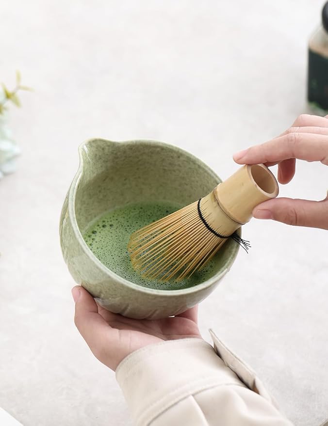 TANG PIN Matcha Set - Match Bowl with Spout and Whisk, 15 OZ, Matcha Scoop | Matcha Whisk Stand (Chasen Holder) - 4pc Perfect Matcha Kit for Matcha Tea Ceremony (Mottled Green)