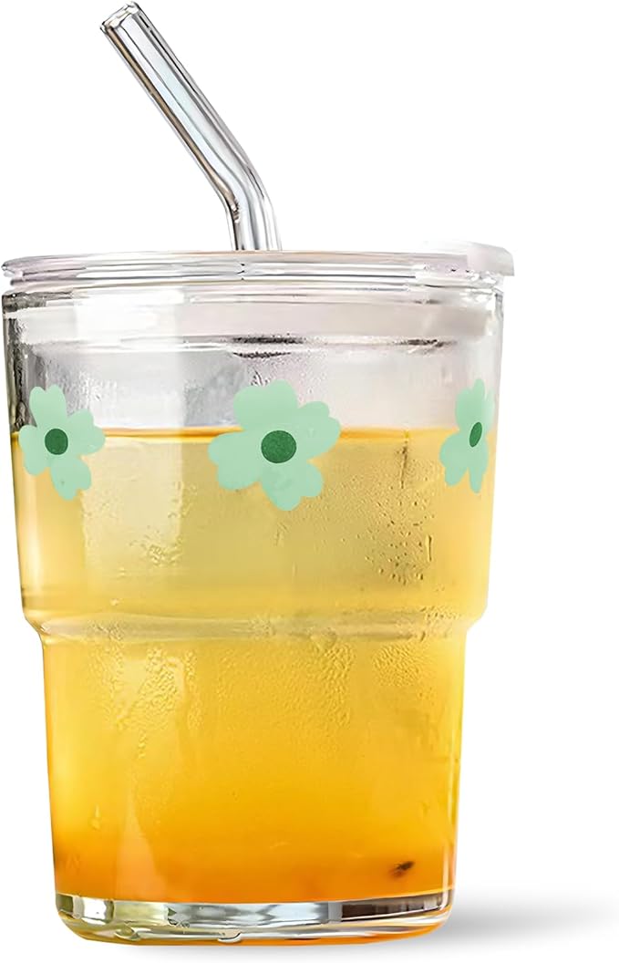 Iced Coffee Cup, 15Oz/450ml Glass Cups With Lids And Straws, Iced Coffee Glasses Tumbler, Thick Wall Glass Mug For Tea Water With 2 Straw, Coffee Tumbler Gifts