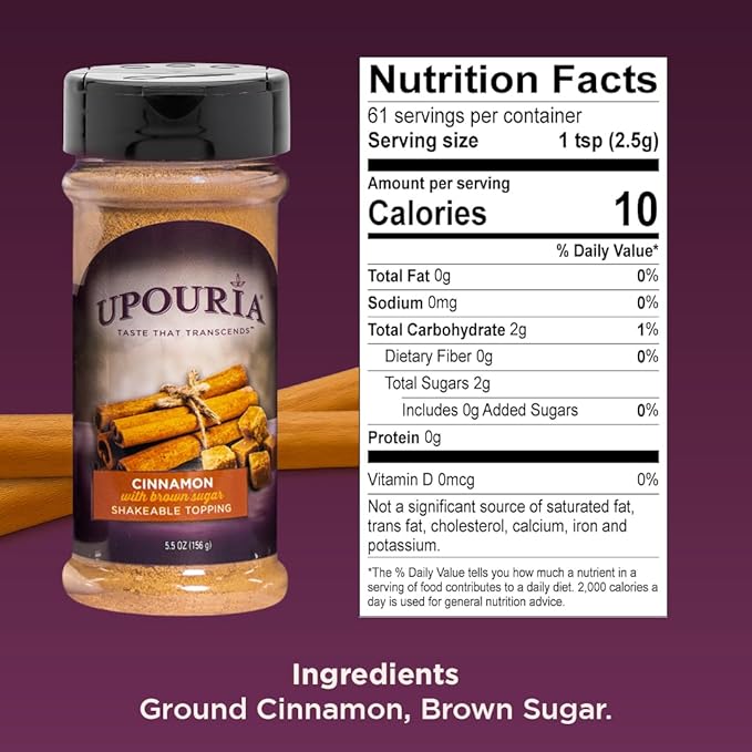 Upouria Cinnamon Brown Sugar Flavored Shakable Topping, Sweet Enhancer for Coffee & Hot Cocoa, 5.5oz