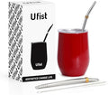 Yerba Mate Cup with Lid, 2 Bombillas, Cleaning Brush, 11.8oz Stainless Steel Double-Wall Insulated Gourd (Red)