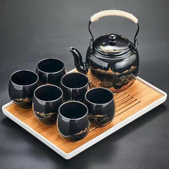 Japanese Tea Set, Black Glazed Tea Set in Gift Box With 1 Teapot, 1 Tea Strainer, 1 Tea Tray and 6 Tea Cups. Ideal Tea Set for Office Home, Asian Tea Sets for Tea Lovers(Landscape Black and Black Cup)