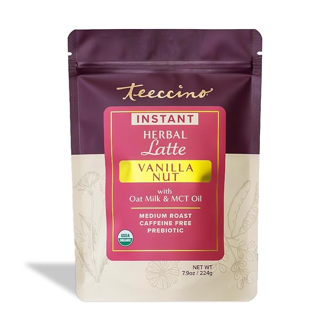 Teeccino Organic Instant Vanilla Nut Herbal Latte – 14 Servings – Creamy Oat & Coconut Latte Plus MCT Oil with Vanilla & Dates Accenting Roasted Chicory – Prebiotic, Caffeine-Free – 7.9 ounces