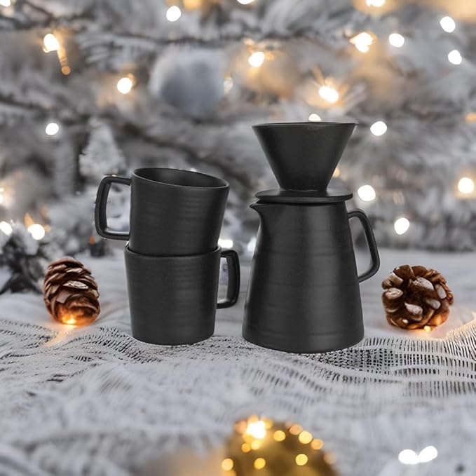 Pour Over Drip Coffee Maker Gift Set with Two Coffee Mugs, Non-Electric Pour Over Coffee Dripper, Easy Manual Brew Maker, Dishwasher and Microwave Safe, Filters not included (Black)