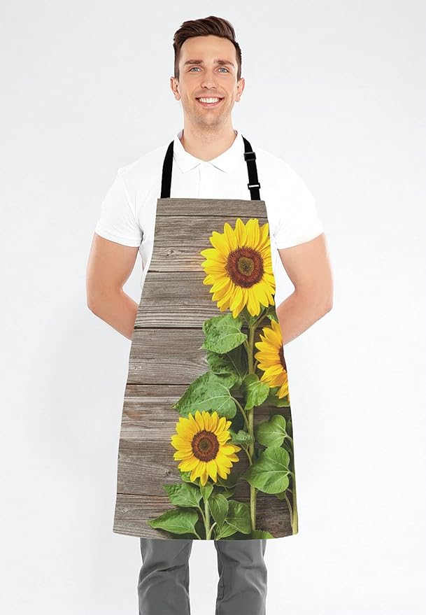 Sunflowers on Wooden Board Apron for Women and Men, Adjustable Kitchen Chef Apron for Cooking Baking - Cute Birthday, Anniversary, Mother's Day Apron Gifts for Mom Wife Girlfriend Aunt Grandma