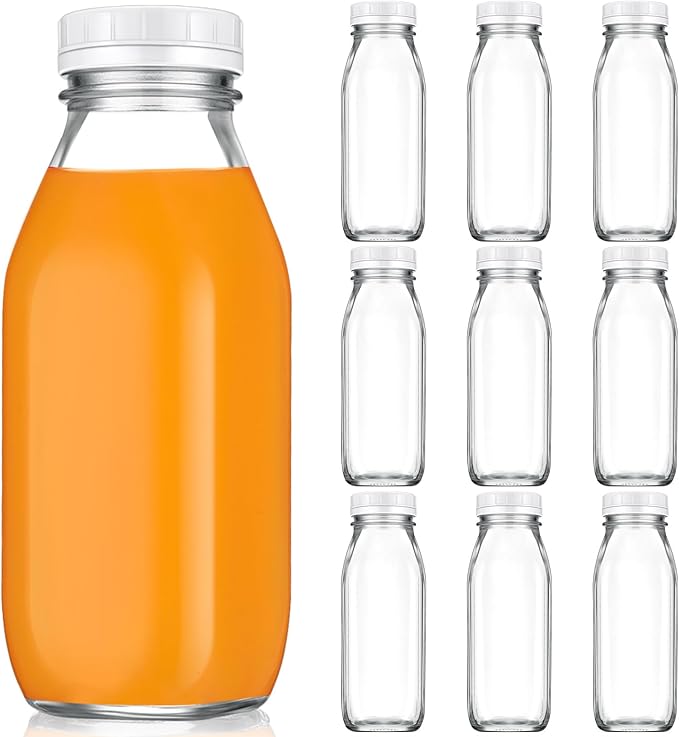 Suclain 10 Pcs 16 oz Glass Juice Bottle with Lids, Clear Reusable Milk Container for Refrigerator, Airtight Heavy Duty Dispenser Drinking Jar for Beverage, Oat, Honey Storage Supply