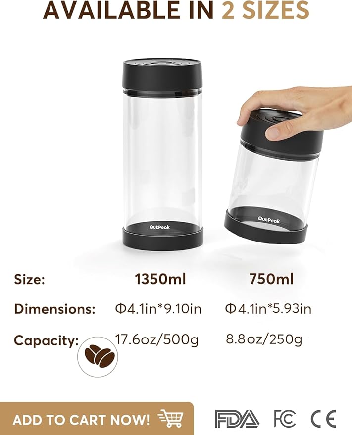 OUTPEAK Neo 2025 Auto Vacuum Coffee Canister, 0.75L for 8.8oz Coffee Beans, One-Button Operation, Small Airtight Coffee Canister with Scoop, Coffee Storage Container Clear Glass (Champion's Choice)