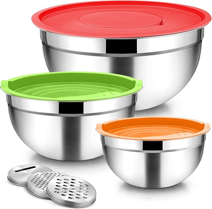 TeamFar Mixing Bowls, Stainless Steel Nesting Salad Bowls with Lids Set & 3 Grater Attachments, For Mixing/Serving/Storing, Non-toxic & Long-lasting, Size 4.6/3 / 1.5 QT, Colorful