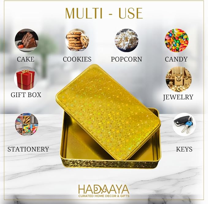 Pack of 2 Glittering Gold Rectangular Container With Lid, Multipurpose Tin Box, Festive Tin Box for Gift Giving, Cookies, Stationery & More - 7.25 x 5.25 x 2.25 Inches