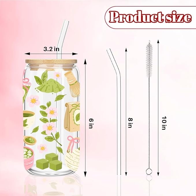 Matcha Girly Glass Cup, Matcha Lovers Gift, Kawaii Latte Girly Glass Tumbler, 16 oz Cafe Aesthetic Iced Coffee Cup with Lid Straw