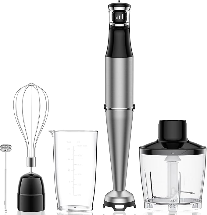 Immersion Blender Handheld 1100W 5 in 1 Corded Stick Hand Blenders for Kitchen with Trigger Speed Control, with Beaker, Chopper, Whisk, Frother, Perfect Emulsifier for Soup, Smoothie, Puree