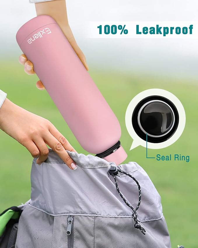 Slim Insulated Water Bottles for Travel 25oz with Clip, Double Wall Vacuum Stainless Steel Water Bottle Keeps Drinks Cold 24 Hrs/Hot 12 Hrs, 100% Leakproof, BPA Free(Pink)
