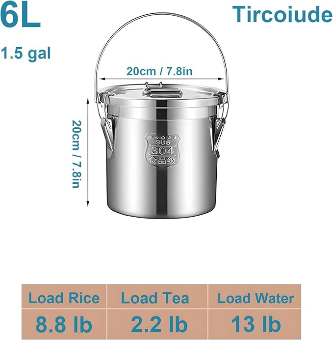 6L 1.5 gal Stainless Steel airtight Canister with Hand Airtight Lid Metal Storage Bucket, 304 Durable Food Storage Containers for Flour, Grain, Oil, Rice, Sugar Cereals Dispenser