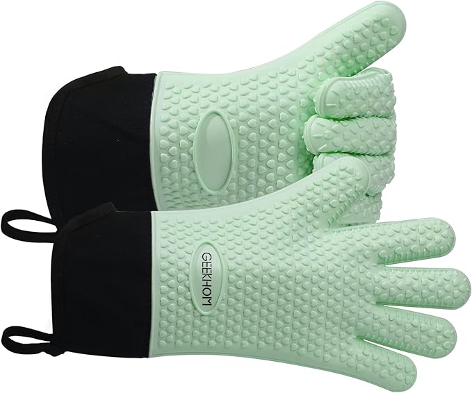 GEEKHOM BBQ Gloves Heat Resistant Oven Mitts - Silicone Grilling Gloves with 14" Long Arm Protection - Waterproof Pot Holder Non-Slip for Men & Women, Kitchen Cooking, Baking, Camping, Mint Green