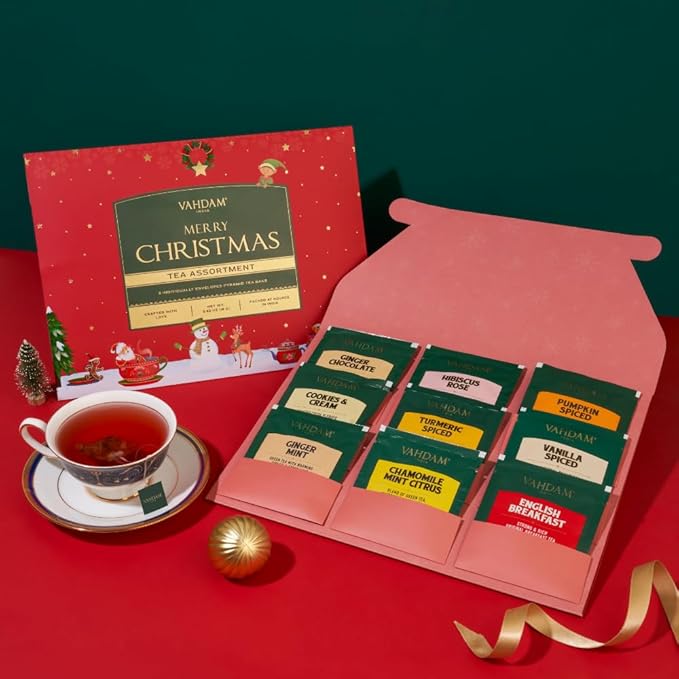 VAHDAM, Merry Christmas Tea Gift Set (9 Individually Wrapped Tea Bags) Limited Edition -Gluten Free, Non GMO | Christmas 2025 Gift Ideas | Christmas Gifts For Women 2025 & Christmas Gifts For Men 2025