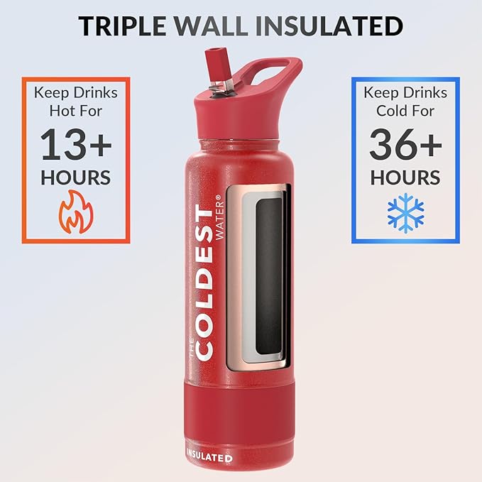 Coldest Insulated Water Bottle with Straw Lid - Stainless Steel Metal Insulated Bottle for Men & Women (Mars Red Glitter, 40 oz)