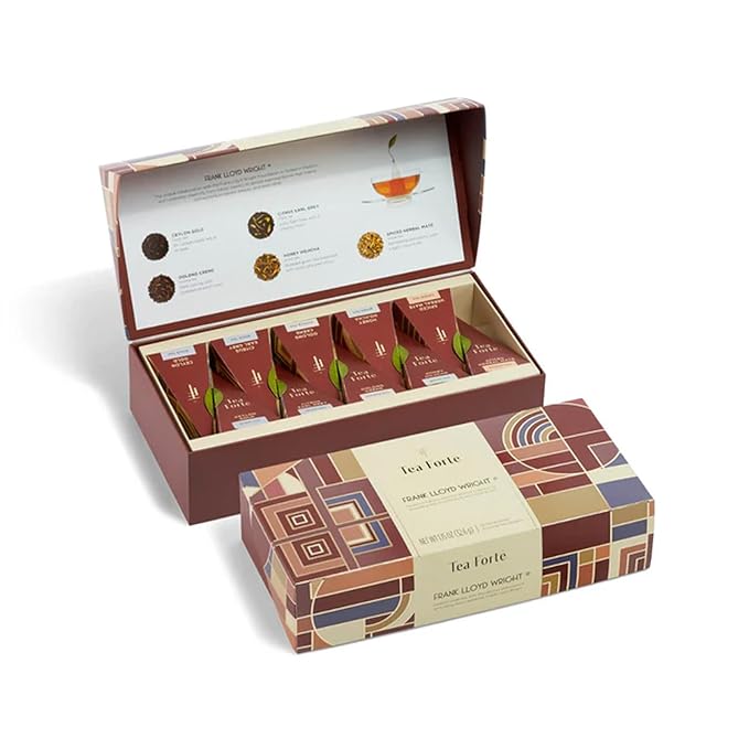 Tea Forte Frank Lloyd Wright Petite Presentation Box Tea Gift Set Sampler, 10 Count, 2 of Each Variety Individually Wrapped Handcrafted Pyramid Infuser Bags